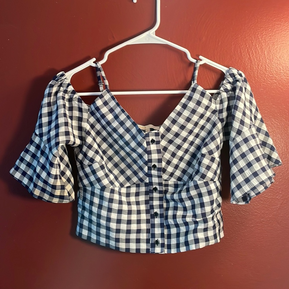 maje sz 1 blue white checkered cropped up summer top super cute y2k